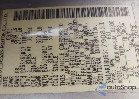 2005 Nissan Pathfinder Le from USA, damaged, VIN 5N1AR18U65C790851